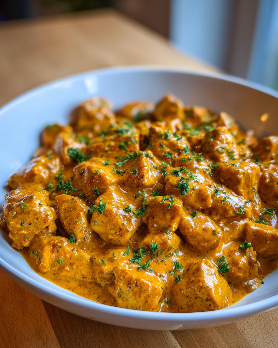 Close-up of tender chunks of cajun chicken coated in a thick, creamy, orange-hued sauce and sprinkled with parsley.