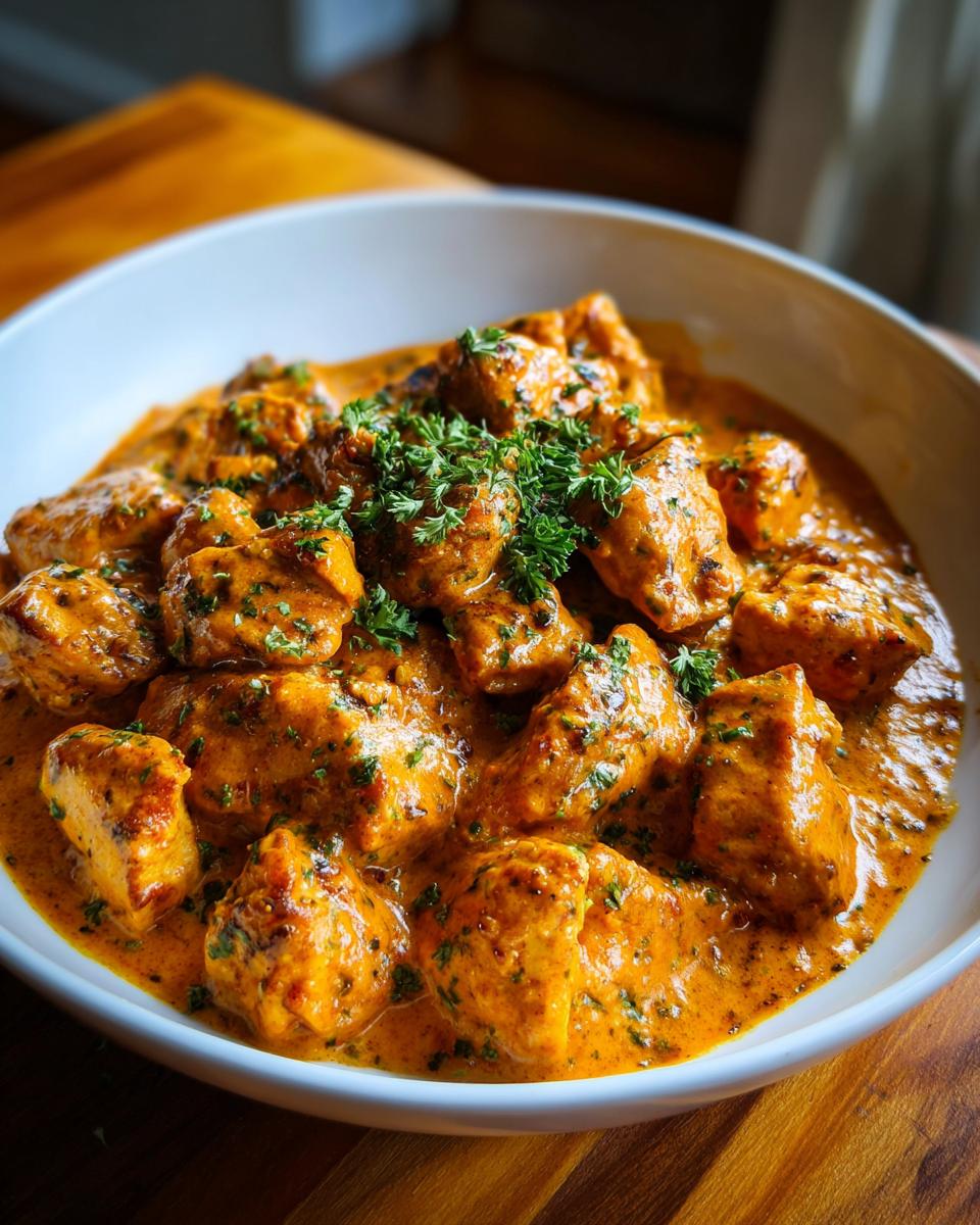 Close-up of creamy cajun chicken pieces coated in a rich, orange sauce and garnished with fresh parsley.