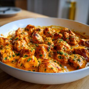 Close-up of tender pieces of cajun chicken coated in a rich, creamy orange sauce and garnished with fresh parsley.