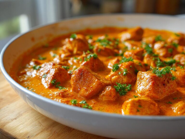 Close-up of creamy Cajun chicken pieces simmering in a rich, orange sauce, garnished with fresh parsley.