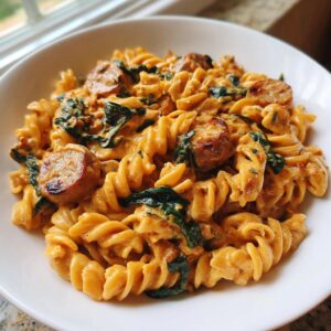 Close-up of creamy chicken sausage pasta with spinach served in a white bowl.