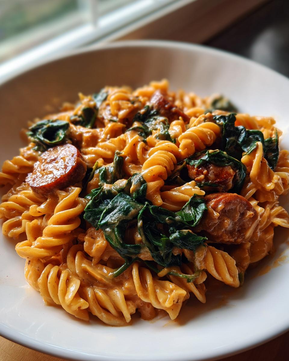 Close-up of creamy chicken sausage pasta made with rotini noodles and wilted spinach, served in a white bowl.