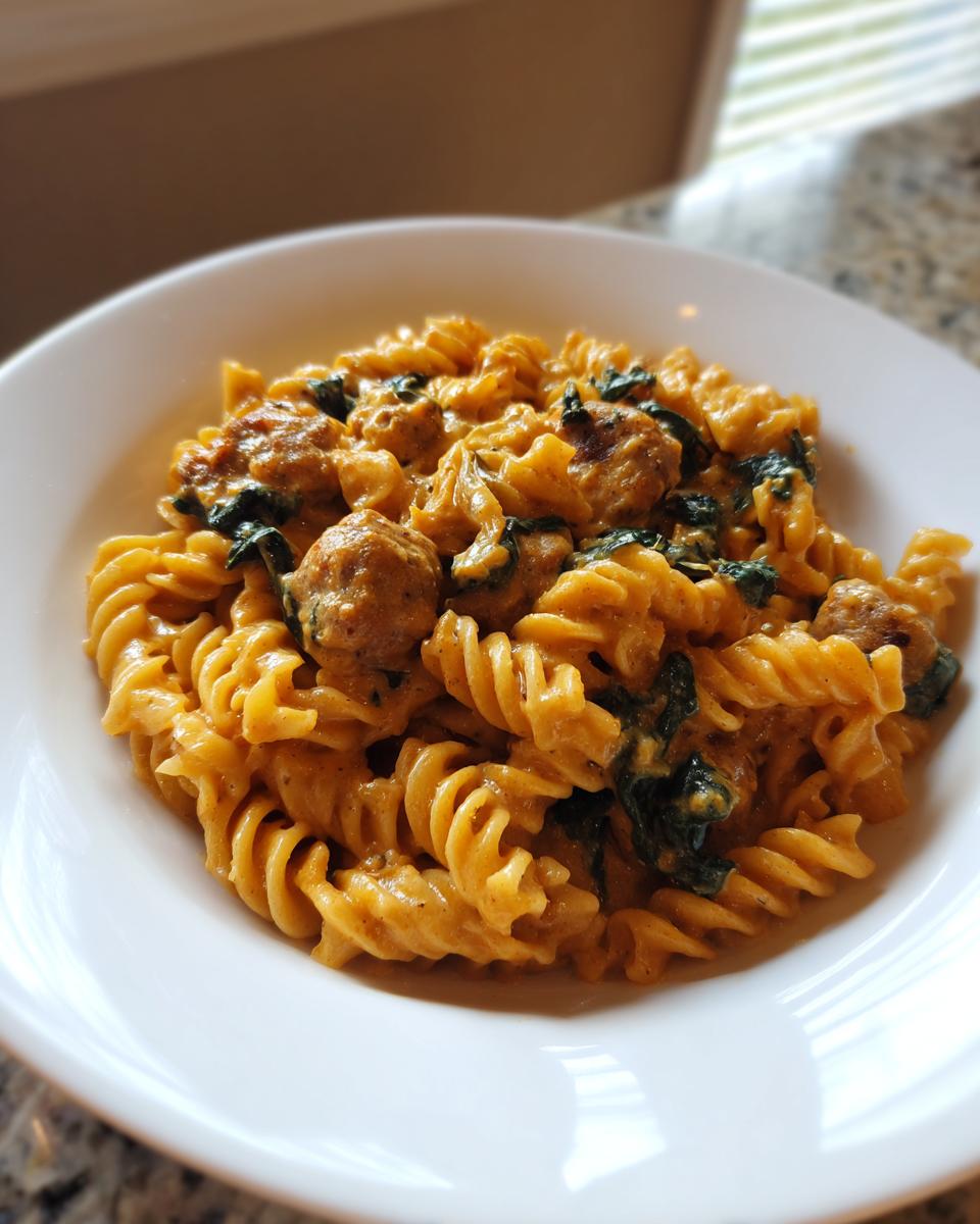 A close-up of creamy chicken sausage pasta featuring fusilli noodles, sausage pieces, and wilted spinach in a white bowl.