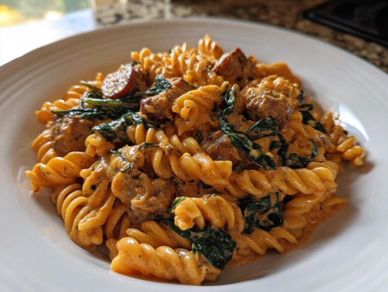Close-up of a serving of creamy chicken sausage pasta mixed with wilted spinach, served in a white bowl.