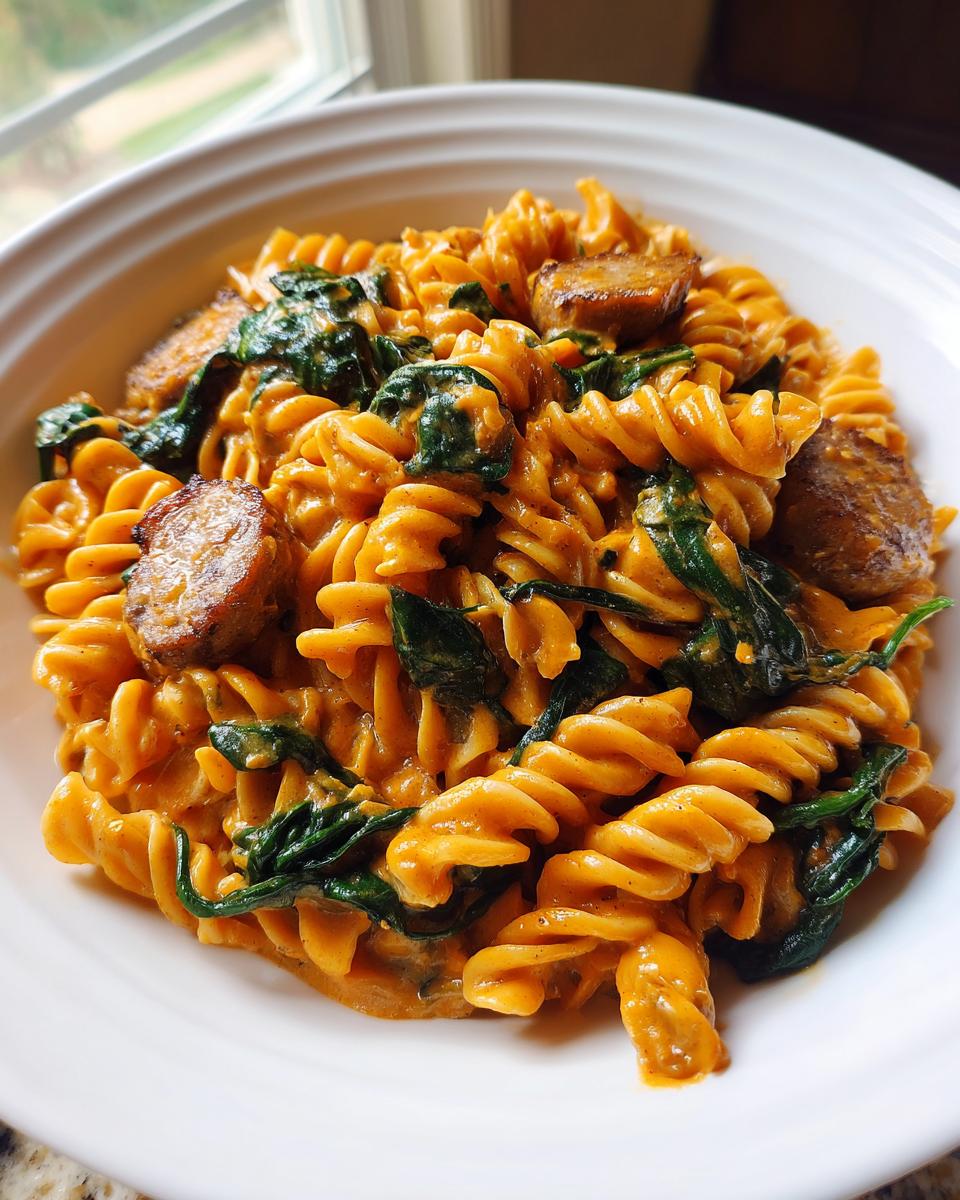 Close-up of creamy chicken sausage pasta with spinach served in a white bowl.