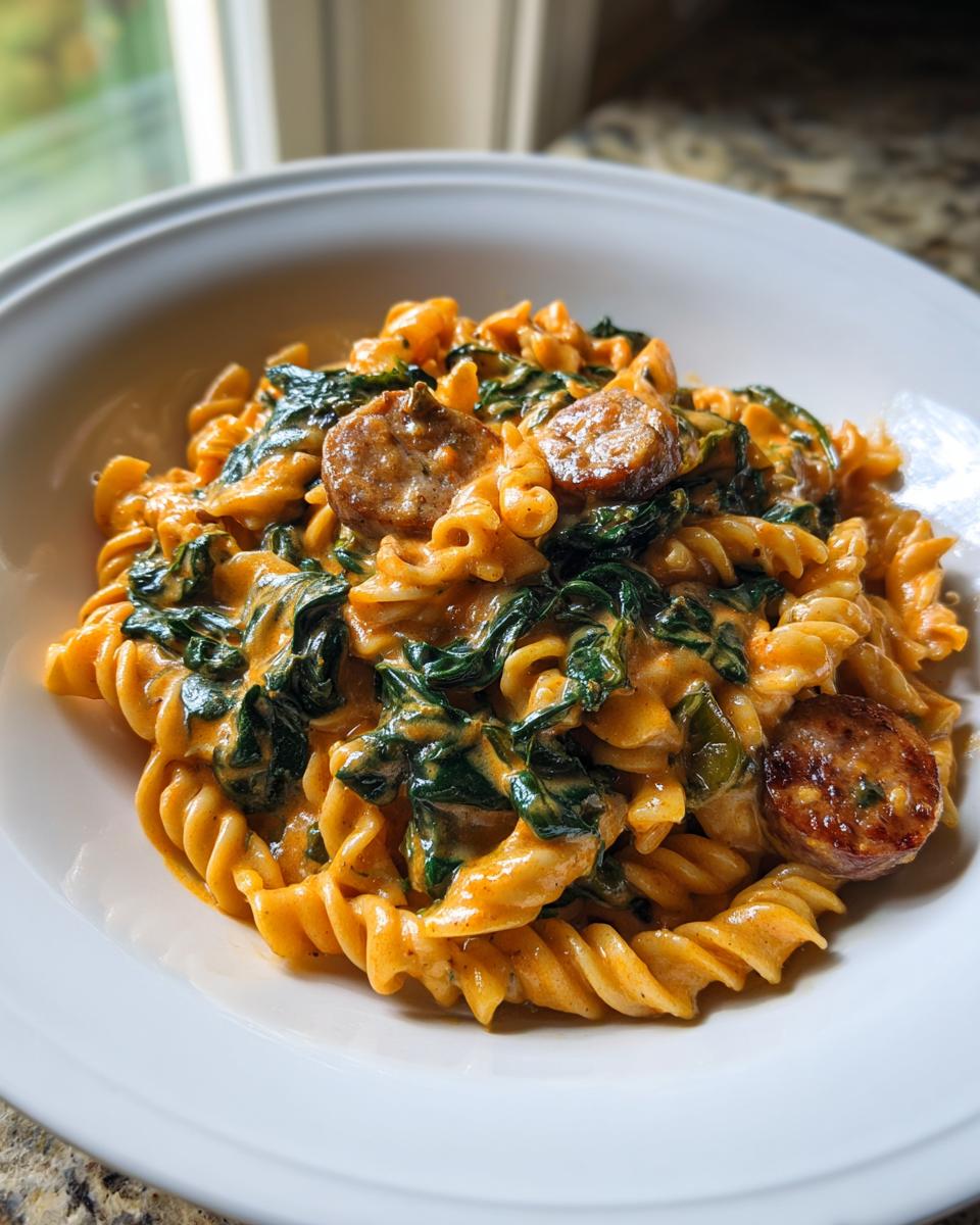 A close-up of a white bowl filled with creamy chicken sausage pasta, featuring fusilli pasta, spinach, and sliced sausage.