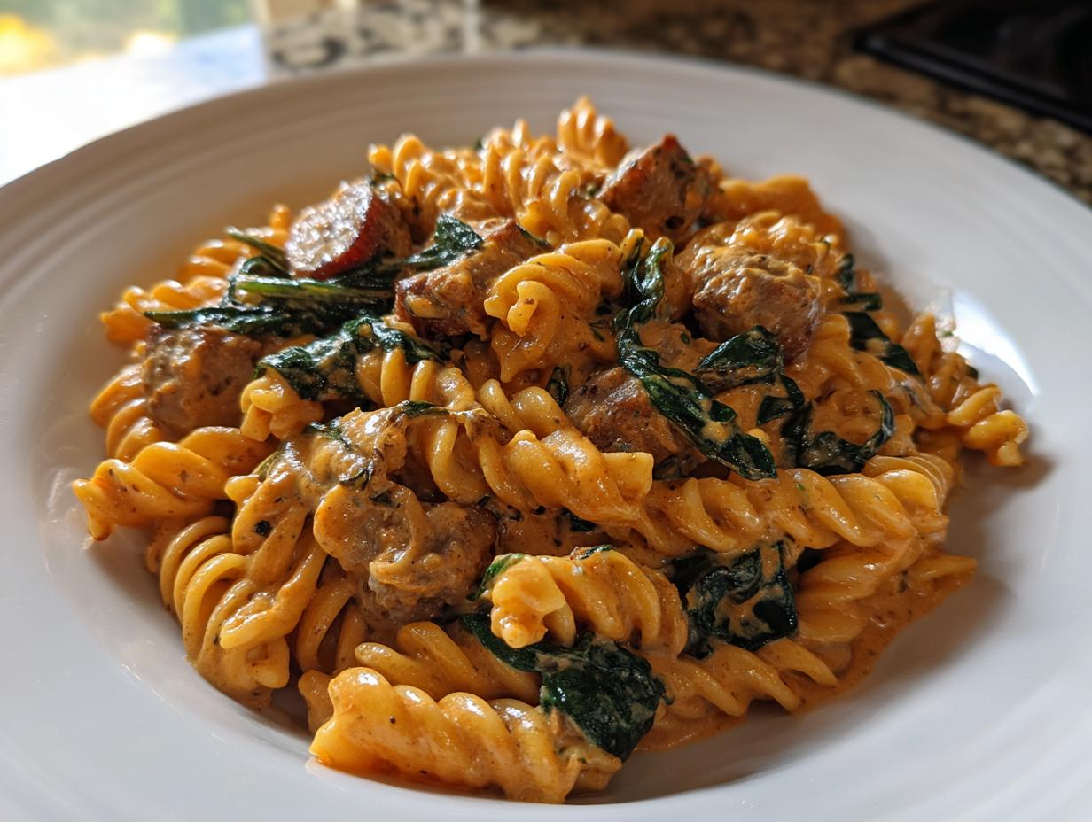 Close-up of a serving of creamy chicken sausage pasta mixed with wilted spinach, served in a white bowl.