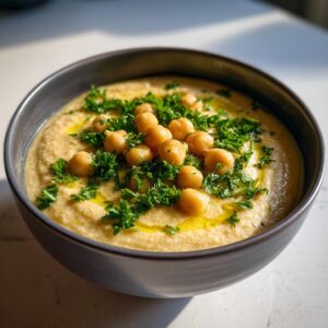 A close-up of creamy chickpea soup in a dark bowl, garnished with whole chickpeas, fresh parsley, and olive oil.