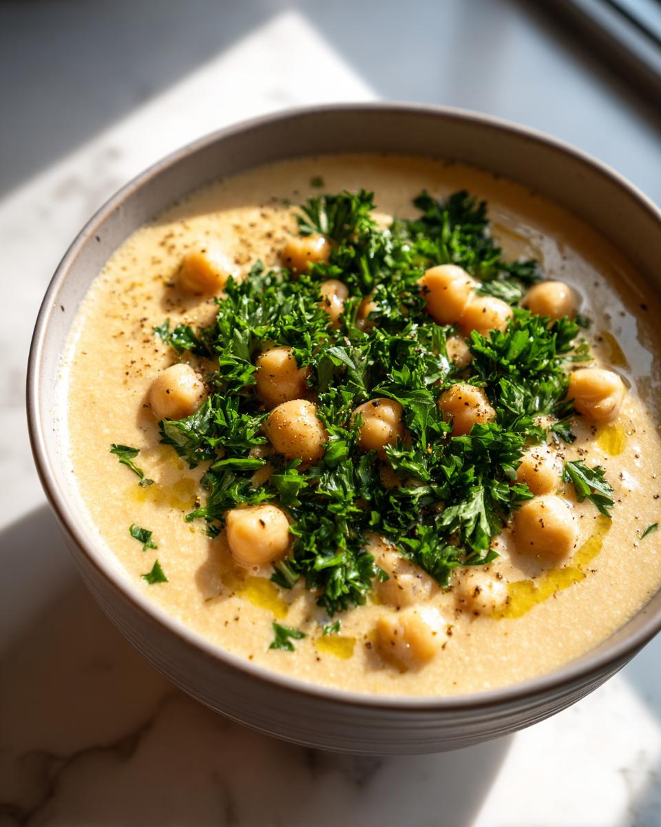 A close-up of creamy chickpea soup garnished generously with fresh parsley, whole chickpeas, and a drizzle of olive oil.