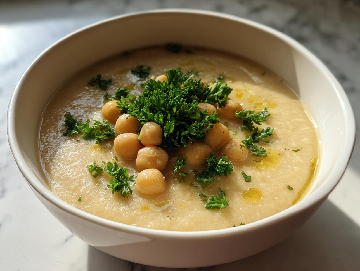 A close-up of creamy chickpea soup in a white bowl, topped with whole chickpeas, fresh parsley, and olive oil.
