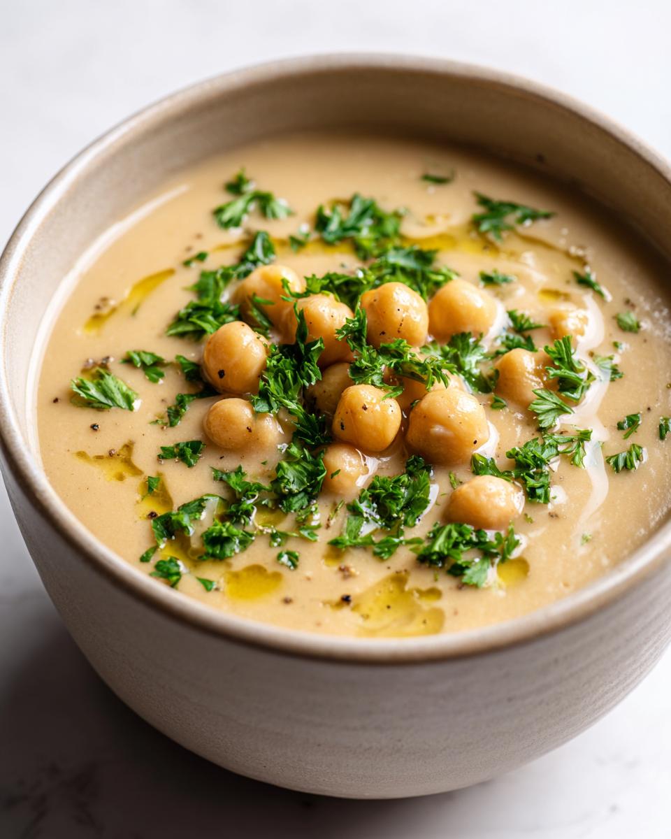 Close-up of creamy chickpea soup garnished with whole chickpeas, fresh parsley, and olive oil drizzle.