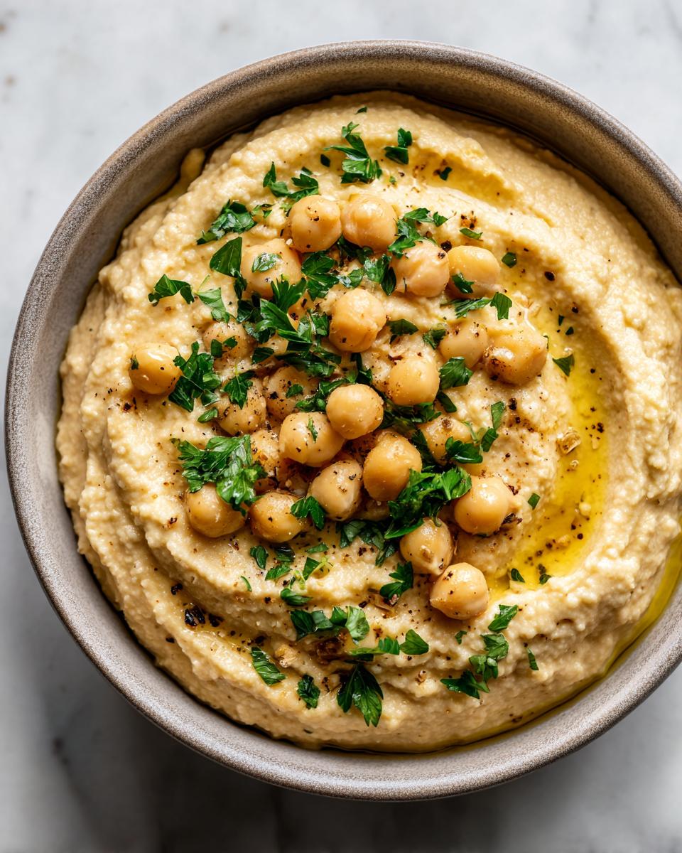 Close-up of creamy texture, likely chickpea soup or hummus, topped with whole chickpeas, parsley, and olive oil.