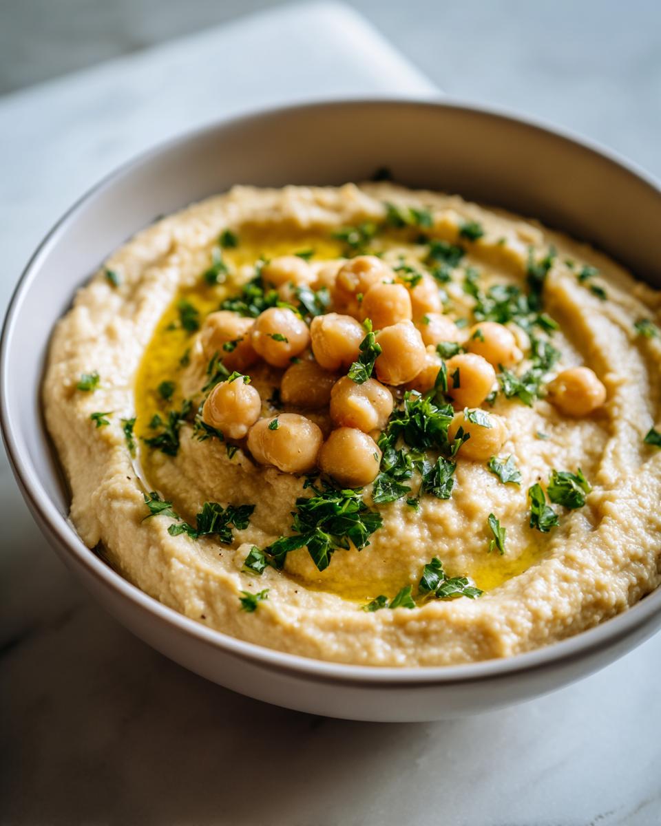 Close-up of creamy chickpea soup base topped with whole chickpeas, olive oil, and fresh parsley.