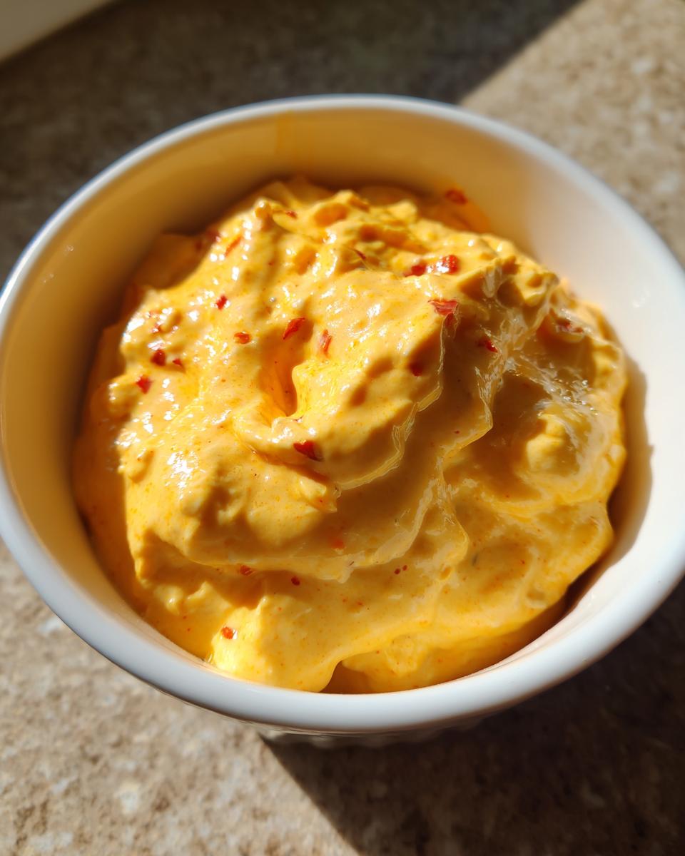 Close-up of creamy, vibrant orange cottage cheese queso topped with red pepper flakes in a small white bowl.