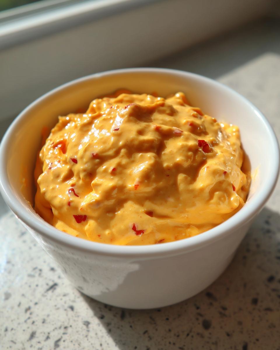 Close-up of bright orange, creamy cottage cheese queso with visible red pepper flakes in a white bowl.