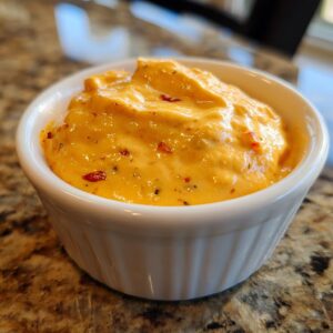 Close-up of rich, orange cottage cheese queso dip speckled with red pepper flakes in a small white ramekin.