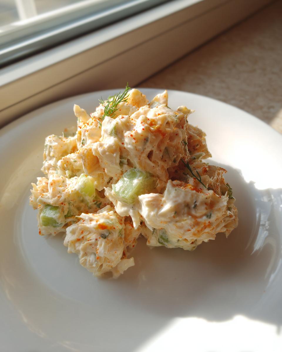 A mound of creamy crab salad mixed with celery chunks, sprinkled with paprika and garnished with dill, served on a white plate.