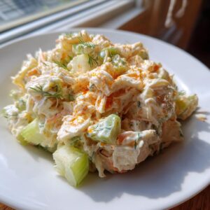 A mound of creamy crab salad mixed with chopped celery, garnished with dill and paprika, served on a white plate.