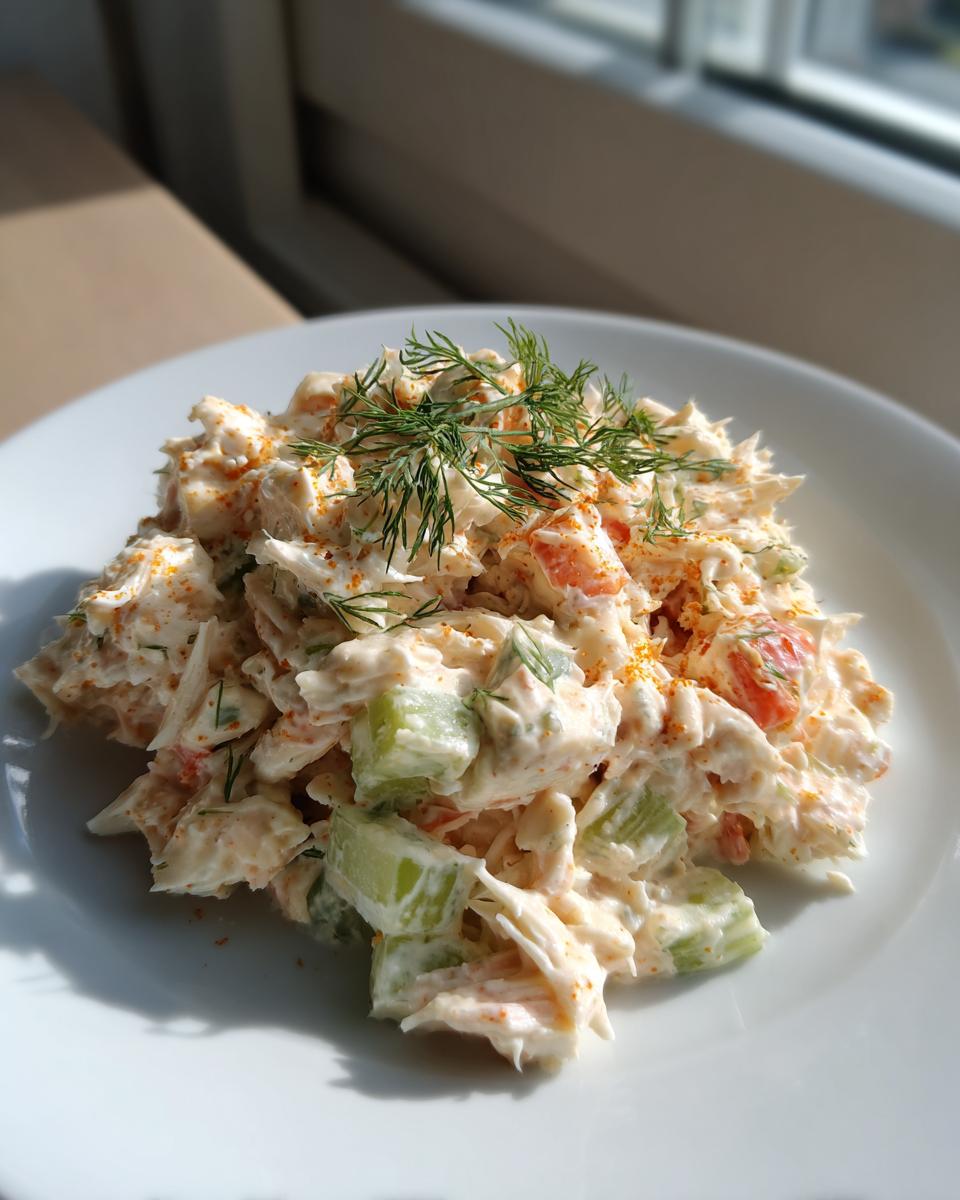 A serving of creamy crab salad mixed with celery chunks, topped with fresh dill.