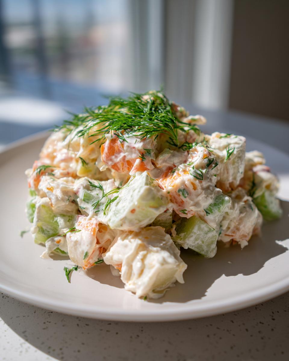 A serving of creamy crab salad mixed with chunks of celery and carrots, garnished heavily with fresh dill.