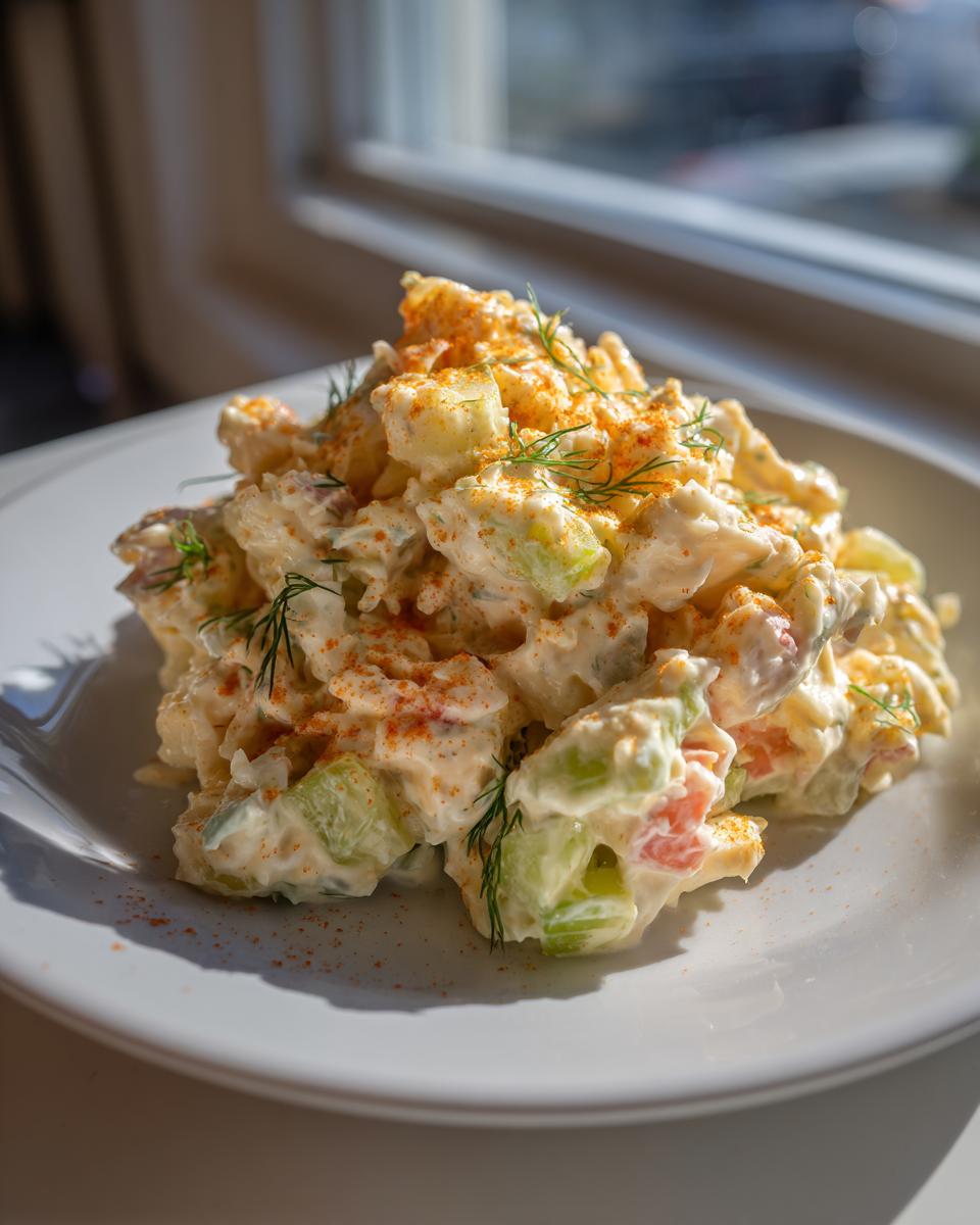 A mound of creamy crab salad featuring chunks of celery and crab meat, topped with fresh dill and paprika.