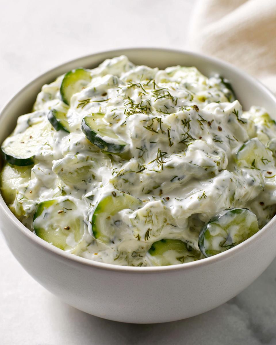 Close-up of a creamy cucumber and dill salad, similar in texture to a thick pickle dip.