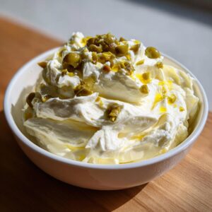 A white bowl filled with creamy, whipped cheese topped with chopped green olives for a dirty martini dip.