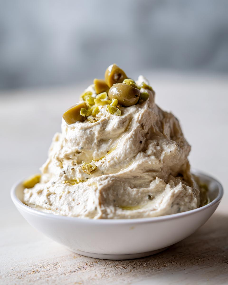 A mound of creamy dirty martini dip in a white bowl, garnished with whole and chopped green olives.