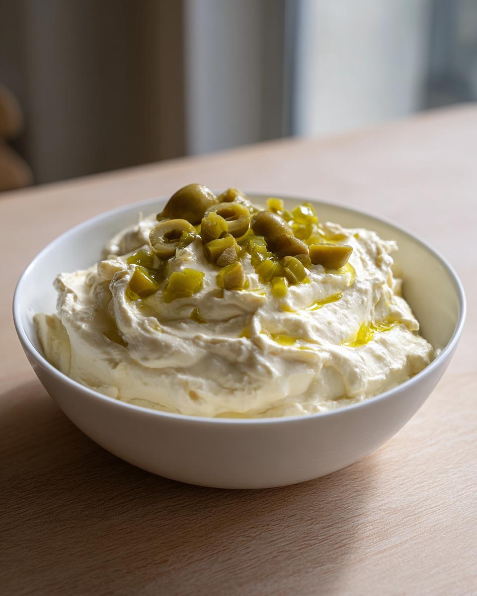 A white bowl filled with creamy dirty martini dip, topped with sliced green olives and olive oil.