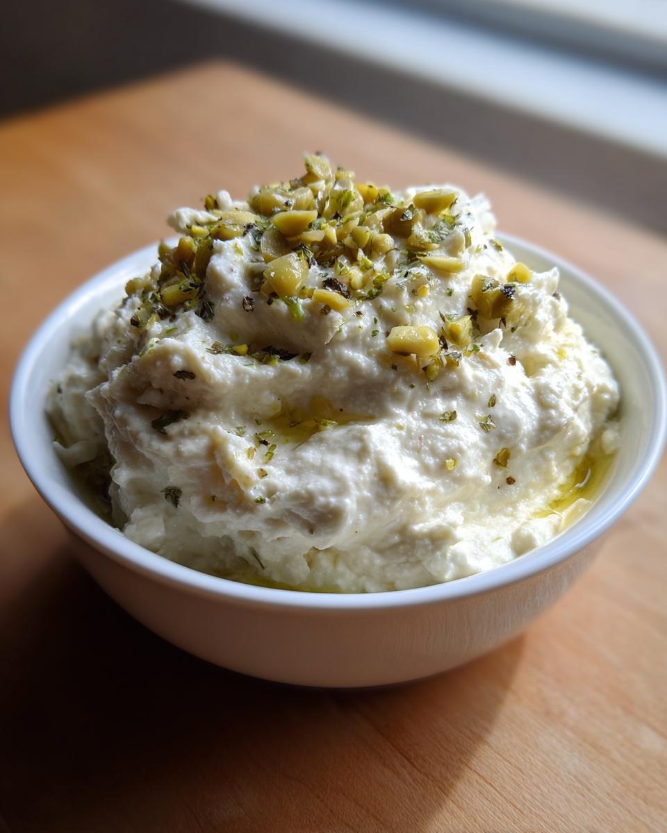 A white bowl filled with creamy dirty martini dip, topped with chopped green olives and herbs.