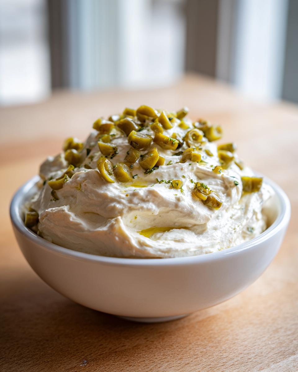 A close-up of creamy dirty martini dip served in a white bowl, generously topped with chopped green olives and a drizzle of oil.