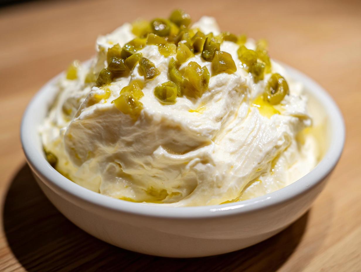A close-up of a creamy, white dirty martini dip topped generously with chopped green olives.