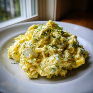 A generous serving of creamy, yellow egg salad garnished with fresh dill on a white plate.