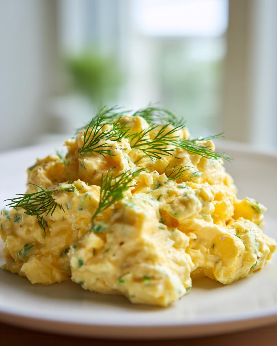 A close-up of creamy, yellow egg salad mixed with herbs and generously topped with fresh dill sprigs.