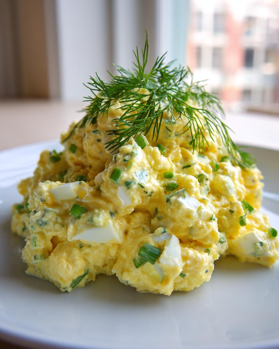 A mound of creamy, yellow egg salad mixed with chopped egg whites and green onions, garnished with fresh dill.