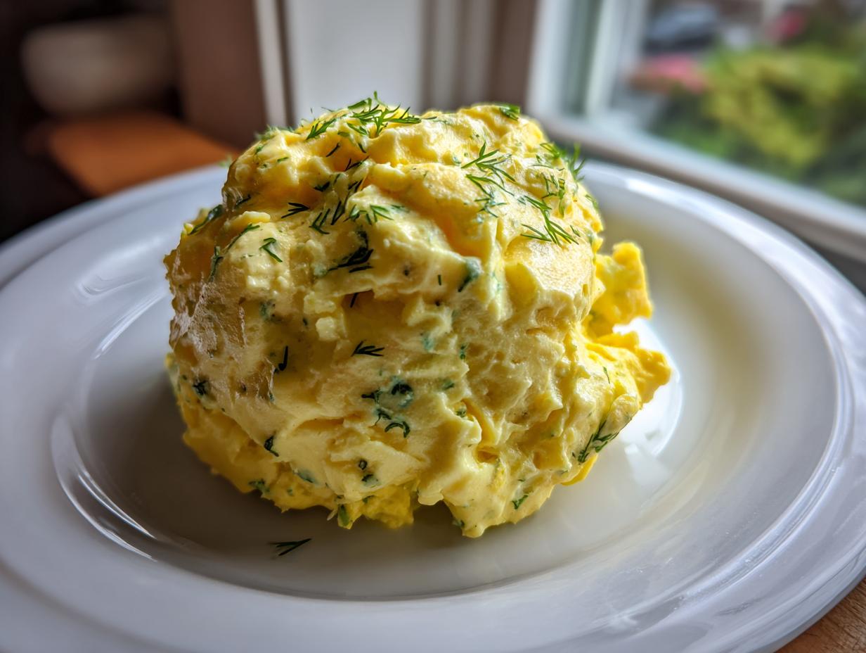 A generous scoop of creamy yellow egg salad, topped with fresh dill sprigs, served on a white plate.