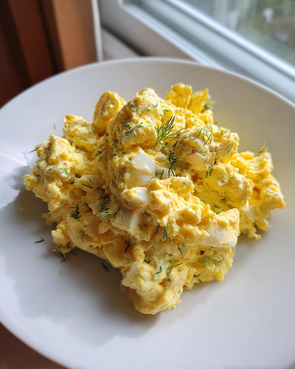 A generous serving of creamy, yellow egg salad garnished with fresh dill on a white plate.