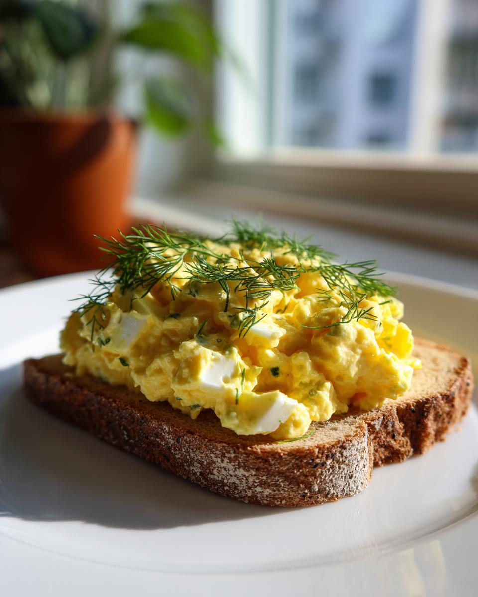 A generous serving of creamy egg salad topped with fresh dill, placed on a slice of dark rye bread on a white plate.