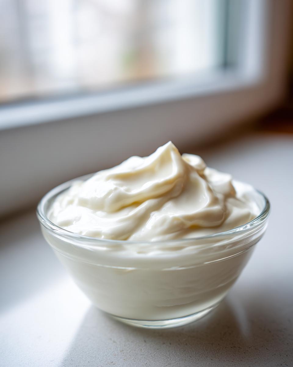 A close-up of thick, creamy garlic sauce swirled high in a small clear glass bowl.