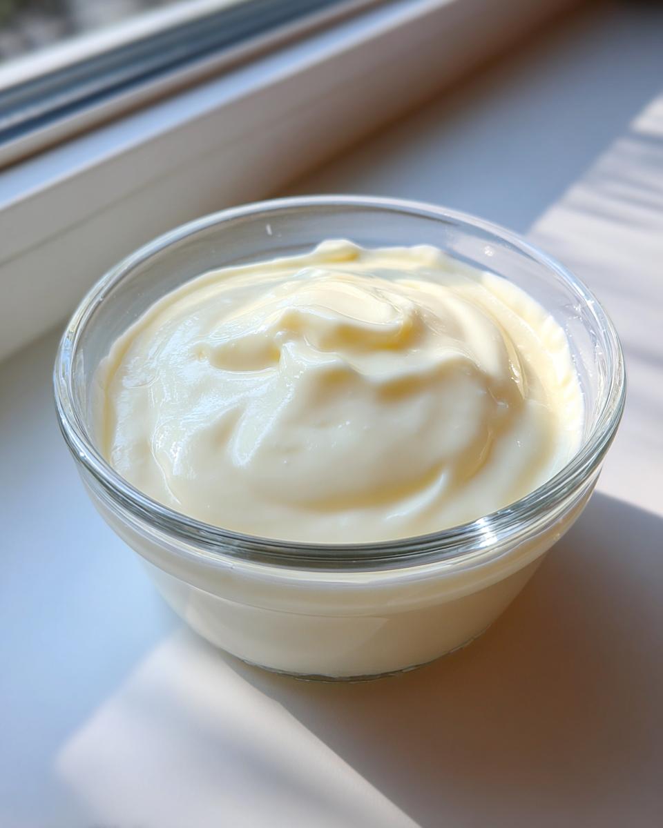 A small glass bowl filled with thick, creamy garlic sauce, sitting on a white surface near a window.