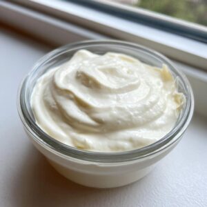 A close-up of thick, creamy garlic sauce swirled perfectly in a small glass ramekin.
