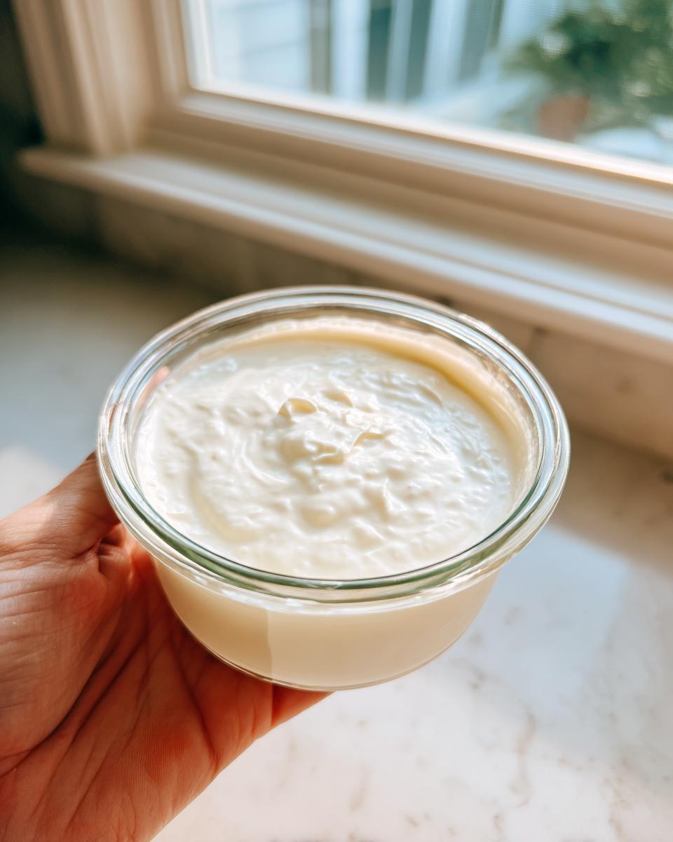 A hand holds a small glass jar filled with thick, creamy garlic sauce next to a bright window.