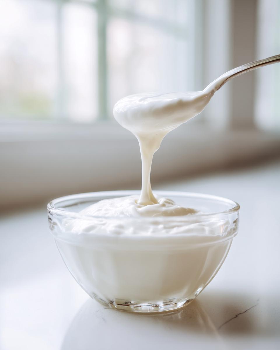 A spoonful of thick, white, creamy garlic sauce dripping back into a small glass bowl.