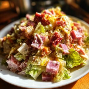 A close-up, appetizing shot of a grinder salad featuring chopped lettuce, cubed ham, and crumbled meat tossed in a creamy dressing.