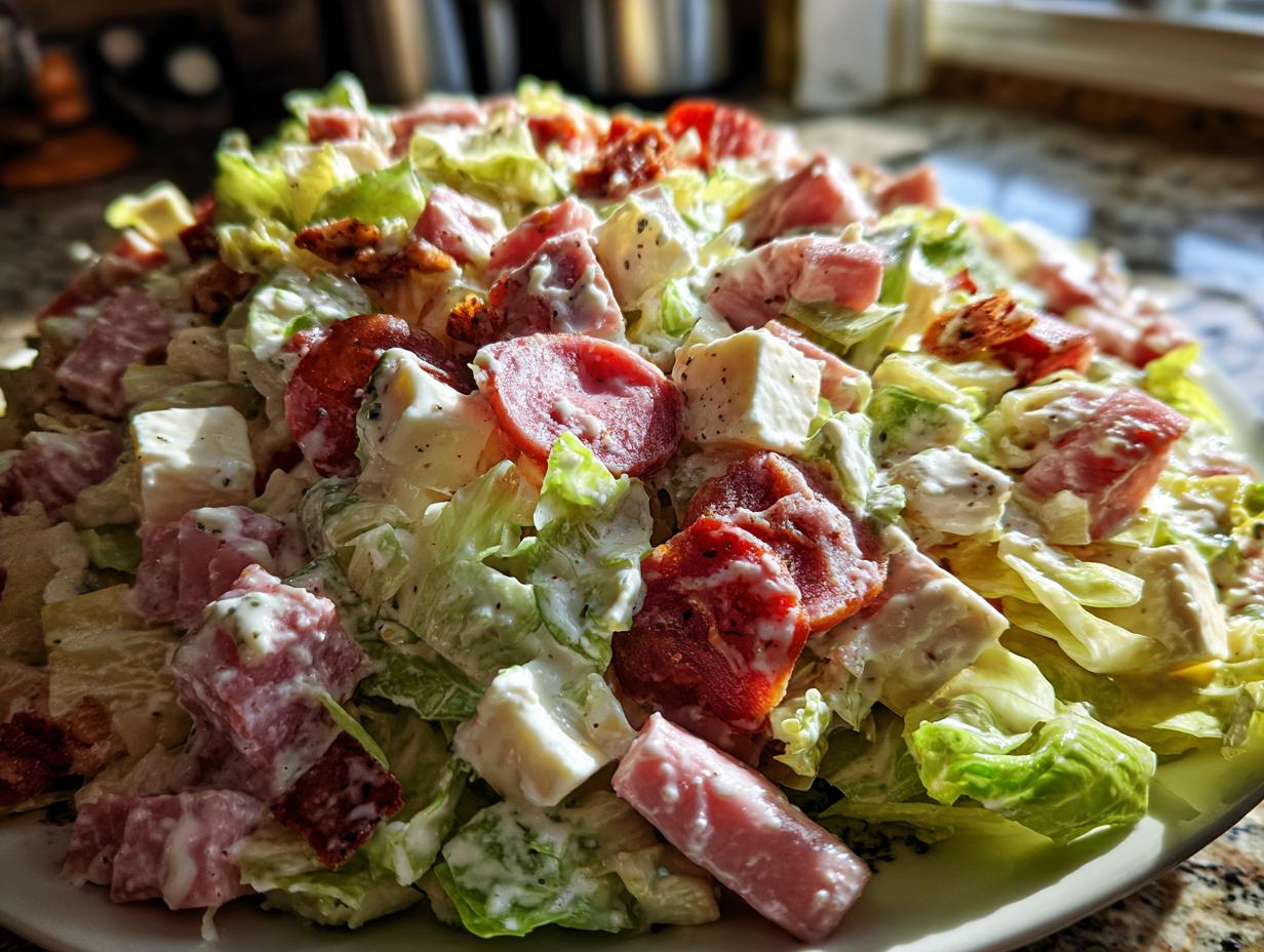 A close-up, vibrant photo of a hearty grinder salad featuring chopped lettuce, cubes of cheese, ham, and pepperoni tossed in creamy dressing.