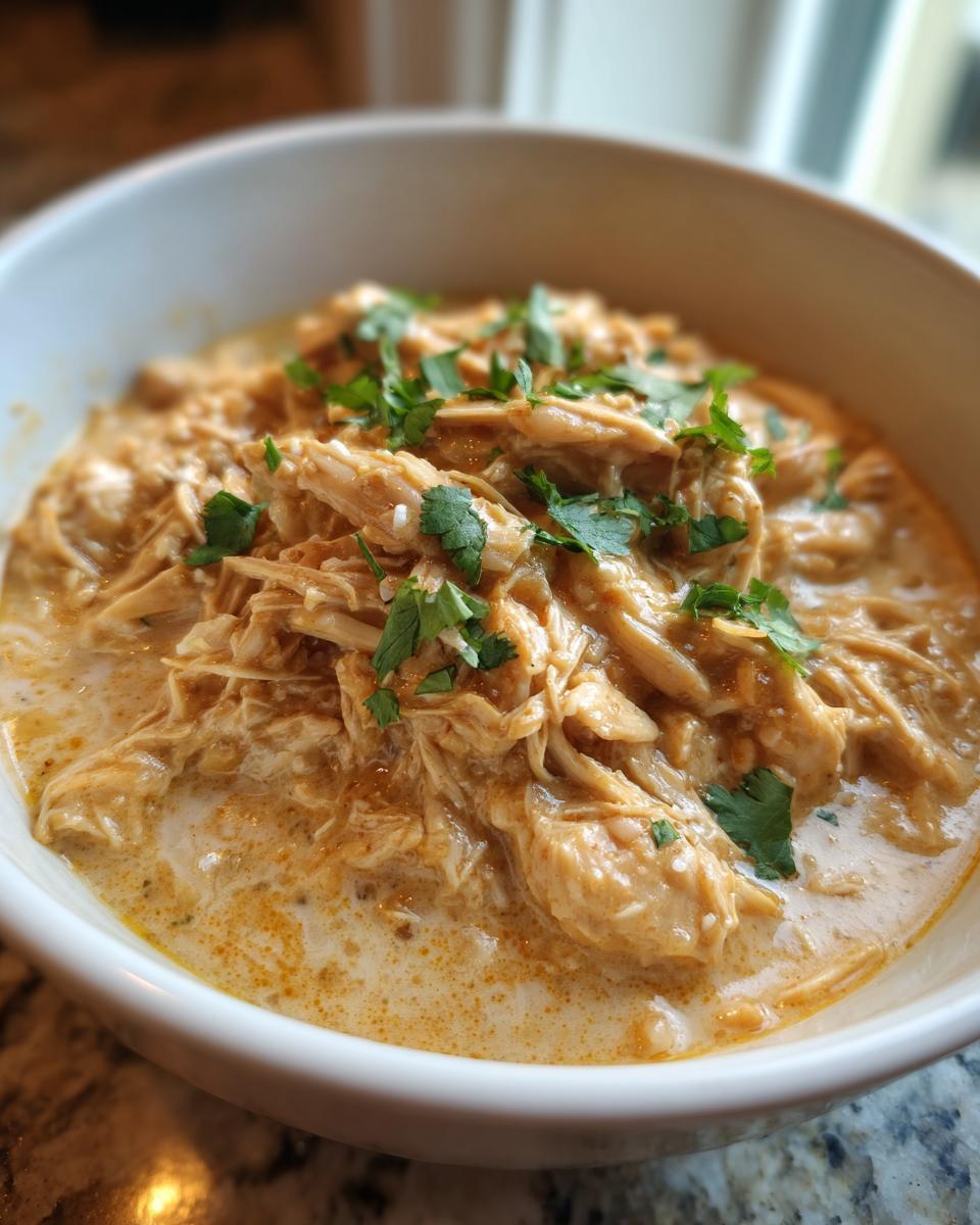 Close-up of a bowl filled with creamy keto white chicken chili, topped with fresh cilantro.