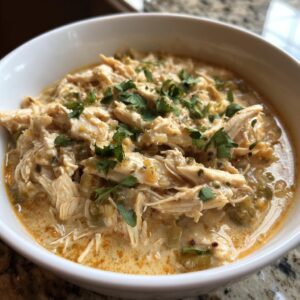Close-up of creamy keto white chicken chili with shredded chicken and green chiles, topped with fresh cilantro.