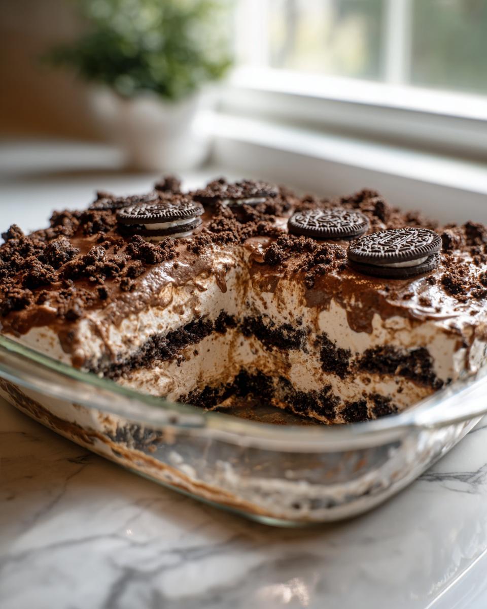 A serving has been removed from the creamy, layered Oreo dirt cake topped with crushed cookies and whole Oreos.