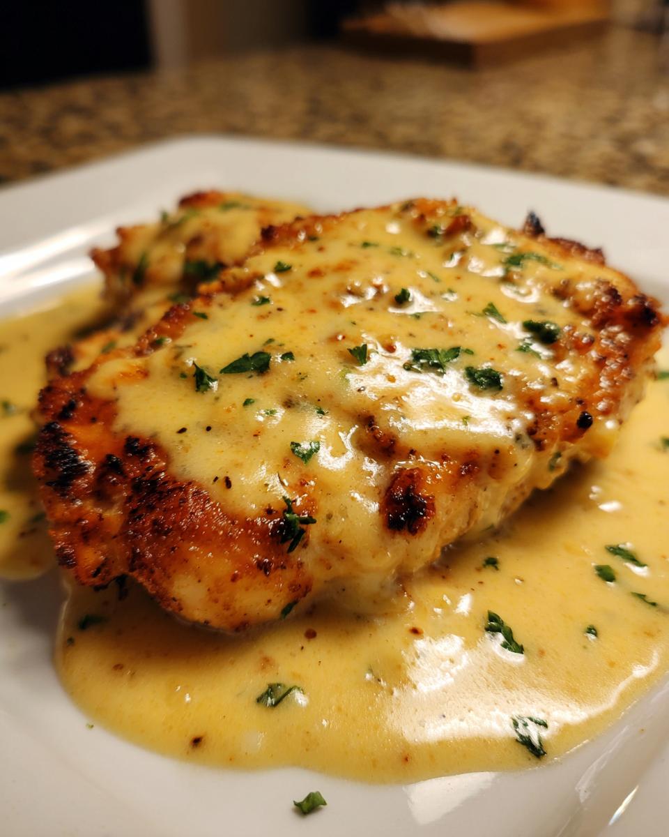 Close-up of seared chicken breast smothered in a rich, yellow creamy lemon chicken sauce and garnished with parsley.