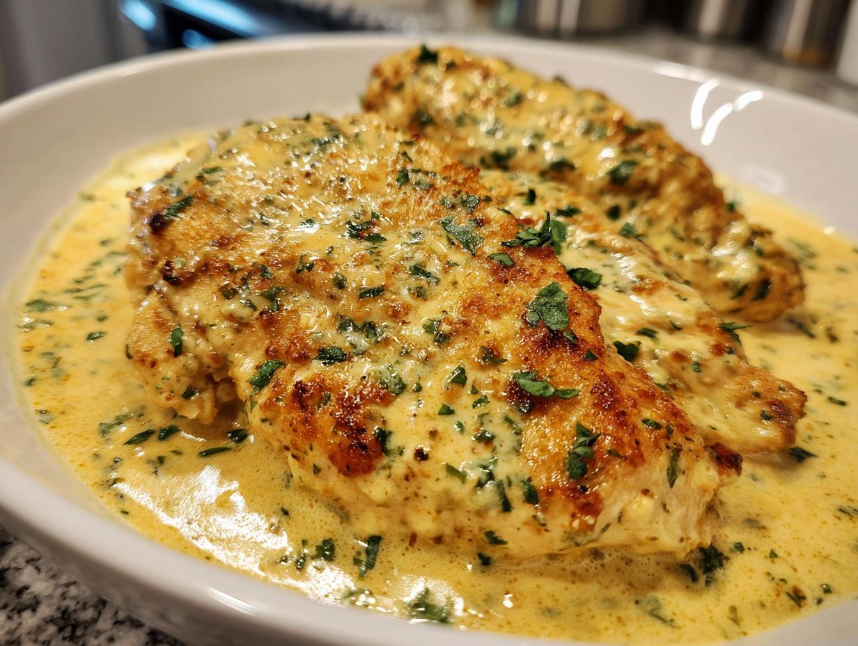Two golden-brown chicken breasts smothered in a rich, creamy lemon chicken sauce and topped with fresh parsley.